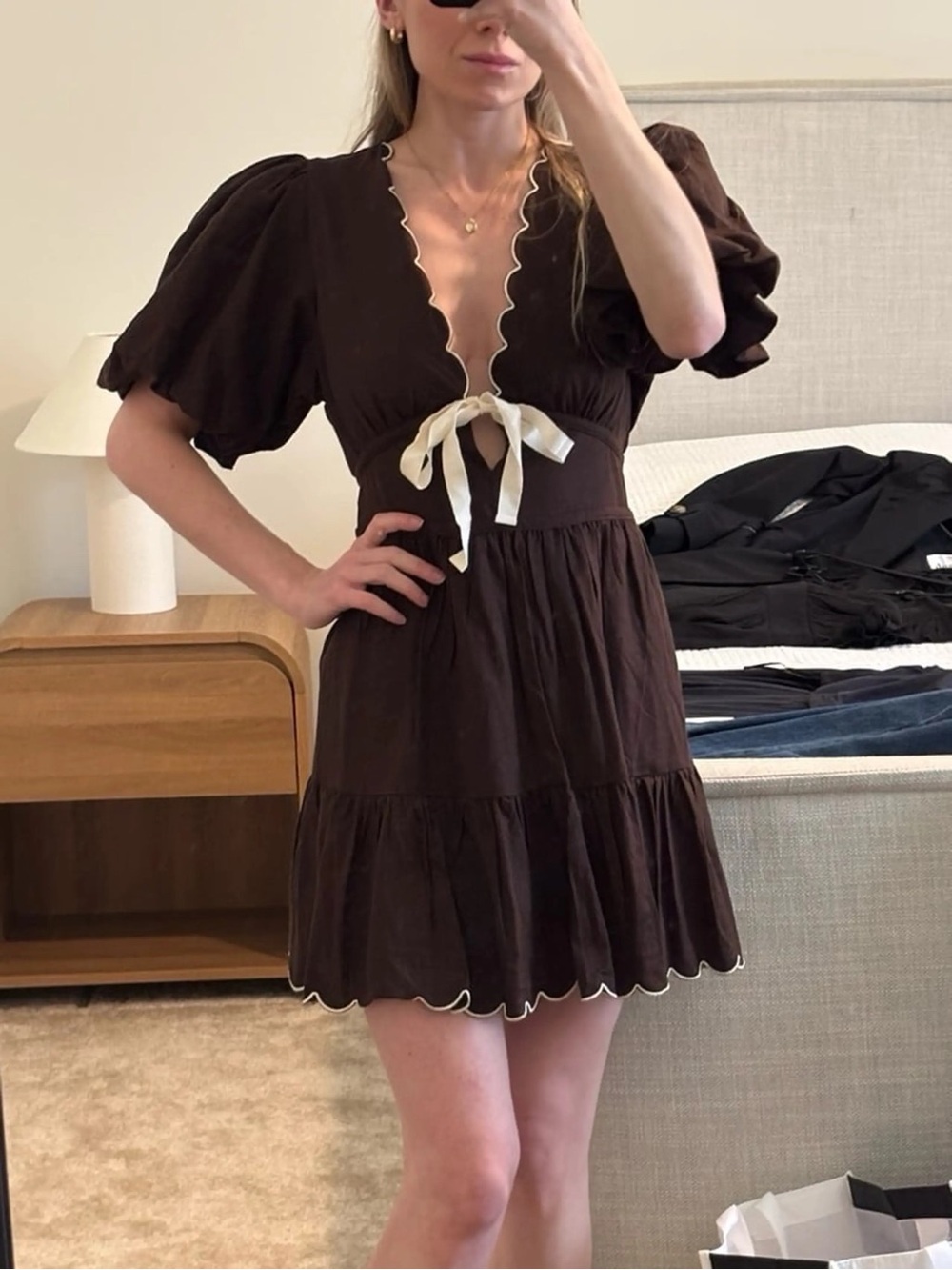 House Of Harlow 1960 Brown Linen Puff Sleeve Mini Dress - Bohemain